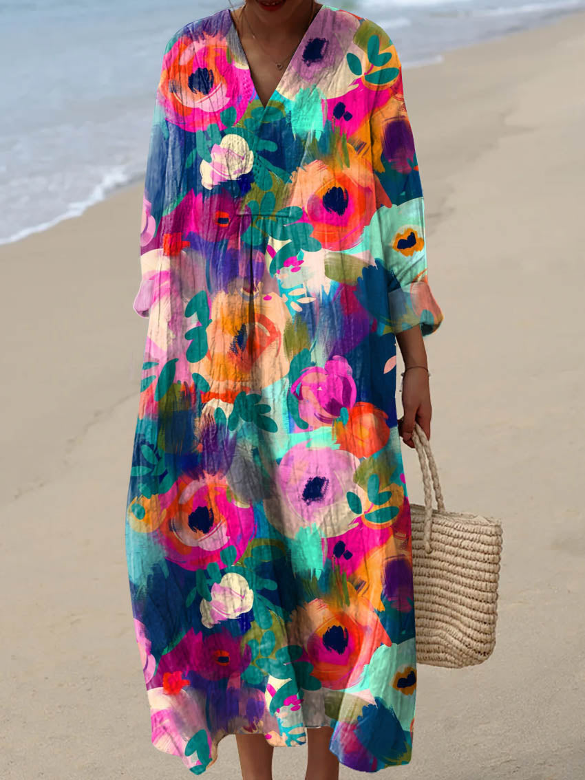 Women's Vintage Floral Pattern Art Print Cotton Dress