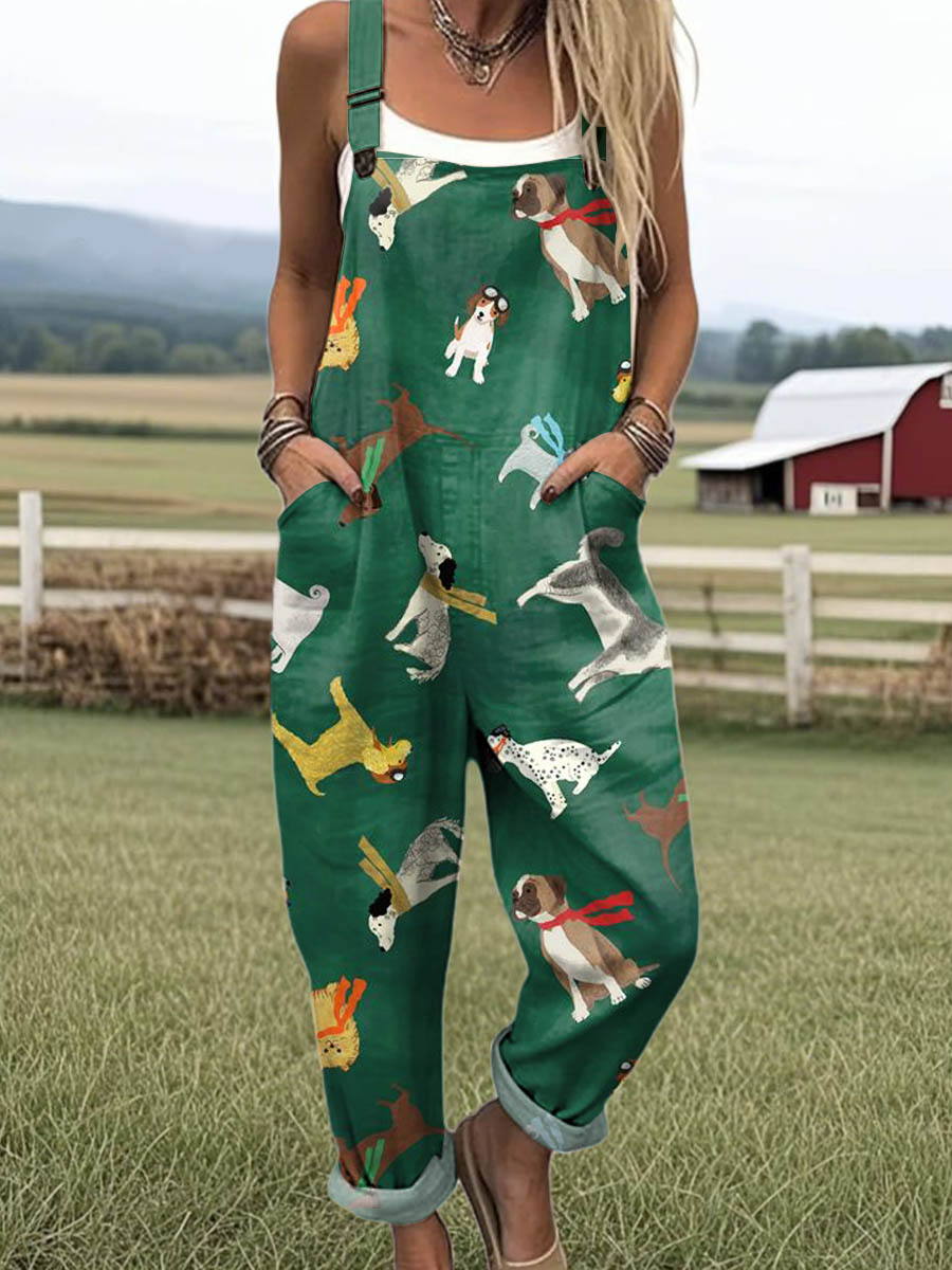 Women's Lovely Dogs Art Print Casual 100% Cotton Wide Leg Jumpsuit