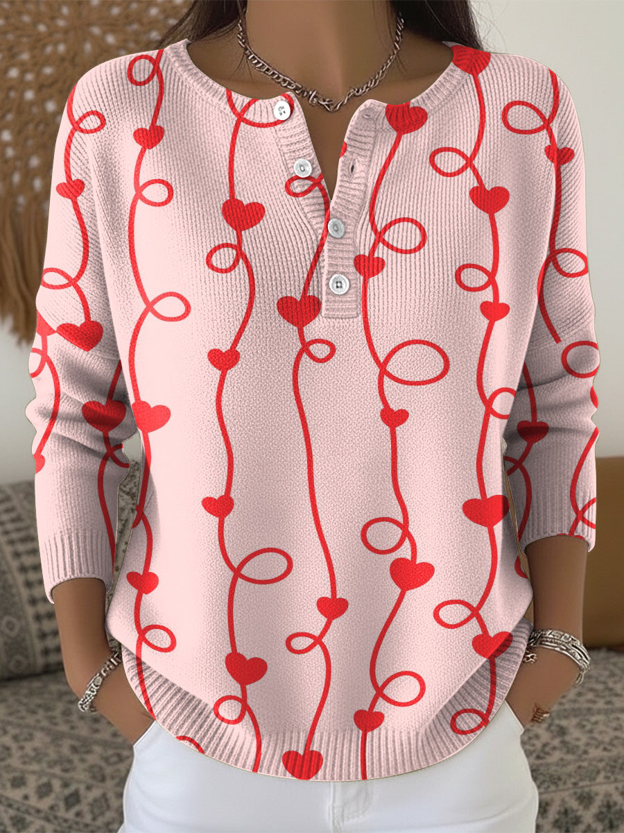 Valentine's Day Heart-shaped Curve Decorative Pattern Casual Cardigan Collar Long Sleeve Sweater