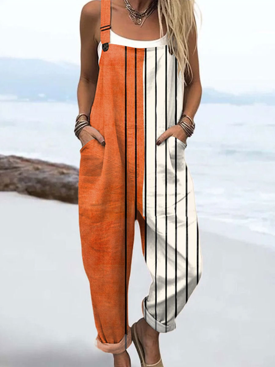 Women's  Vintage Abstract Geometric Art Print Casual 100% Cotton Wide Leg Jumpsuit