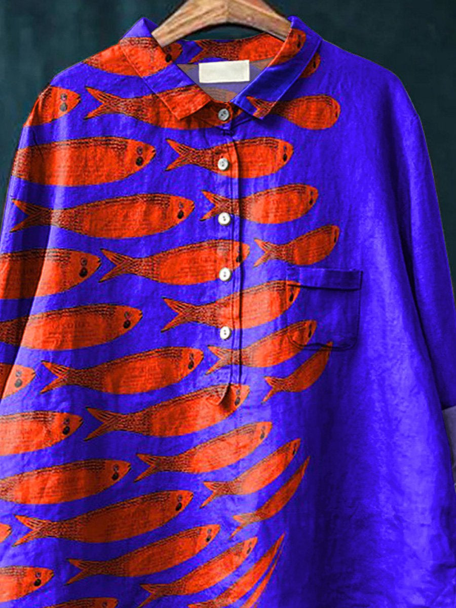 Sardine Fish Swarm Pattern Printed Women's Casual Cotton And Linen Shirt