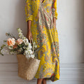 Women's Vintage Flower Art Print Linen Pocket Tunic Dress