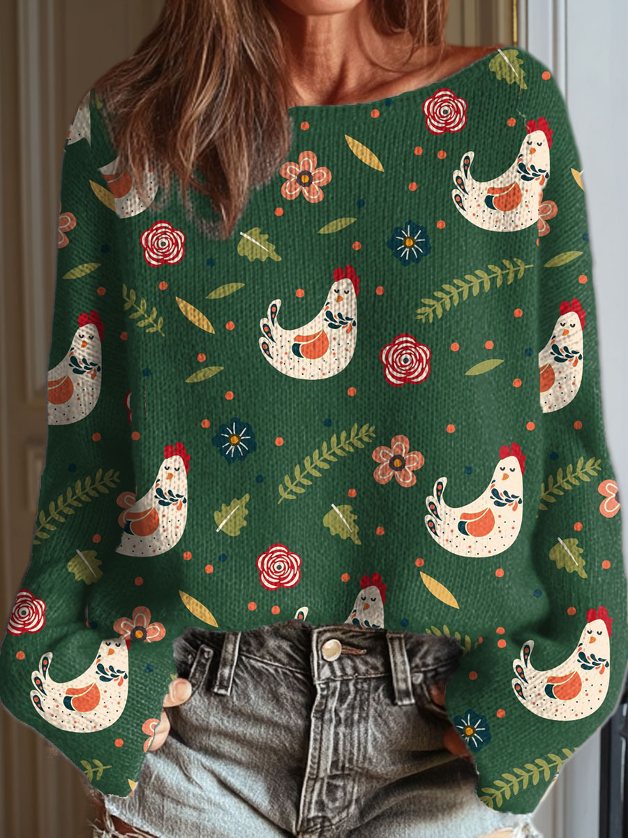 womens-funny-chicken-art-print-casual-pullover-sweater-b1aw