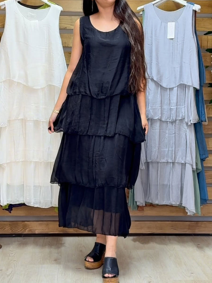 Women's Solid Color Round Neck Sleeveless Vest Casual Loose Chiffon Cake Dress