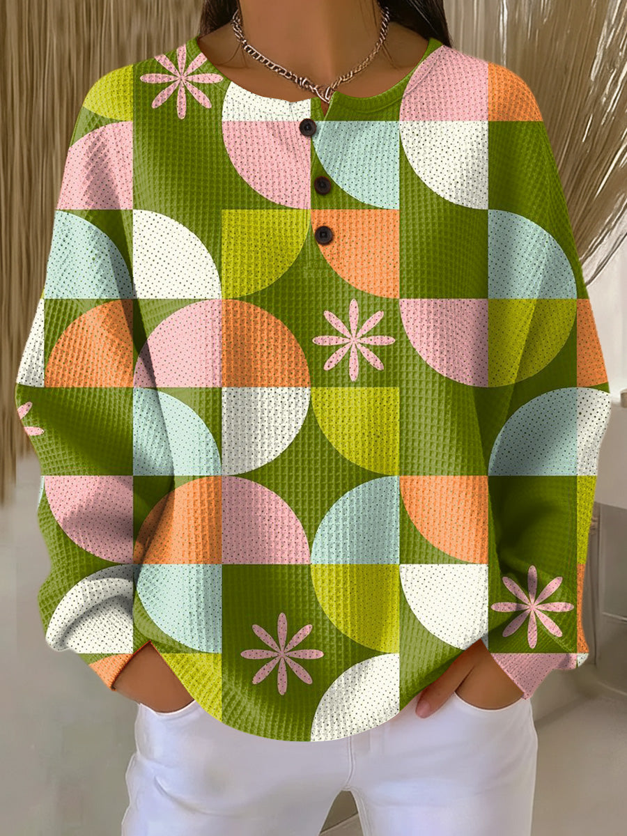 Women's Abstract Colorful Geometric Plaid Painting Art Print Casual Cotton Shirt