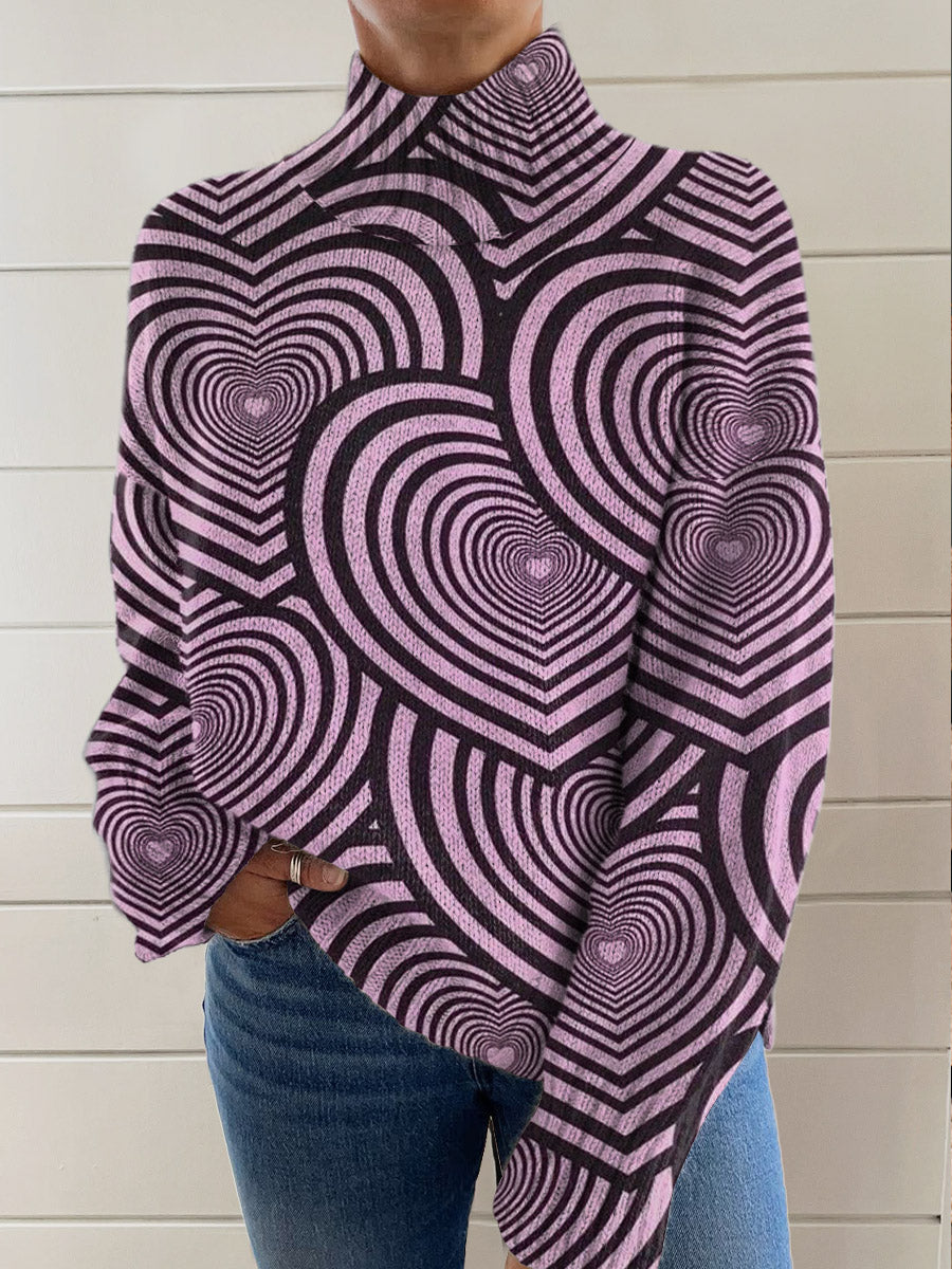 womens-art-abstract-lines-heart-print-knit-turtleneck-pullover-sweater
