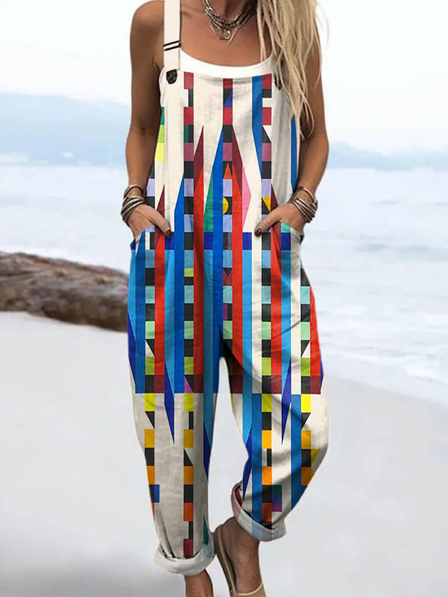 Women's Geometric Pattern Art Print Casual 100% Cotton Wide Leg Jumpsuit