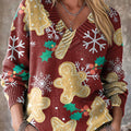 Cute Winter Christmas Pattern Art Print Knit V-neck Pullover Sweater