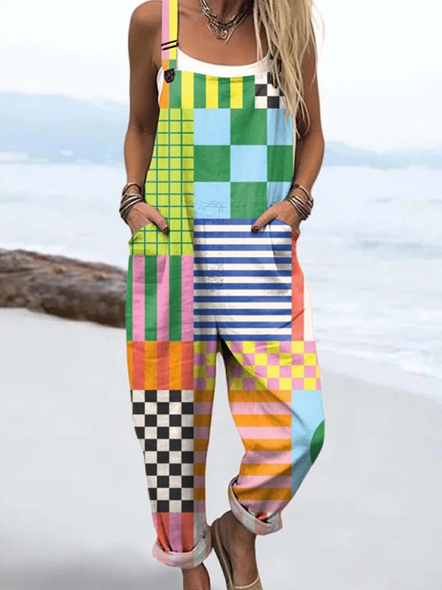 Women's Colourful Art Geometry Print Casual 100% Cotton Wide Leg Jumpsuit