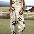 Women's Vintage Dog Paw Print Art Print Casual 100% Cotton Wide Leg Jumpsuit