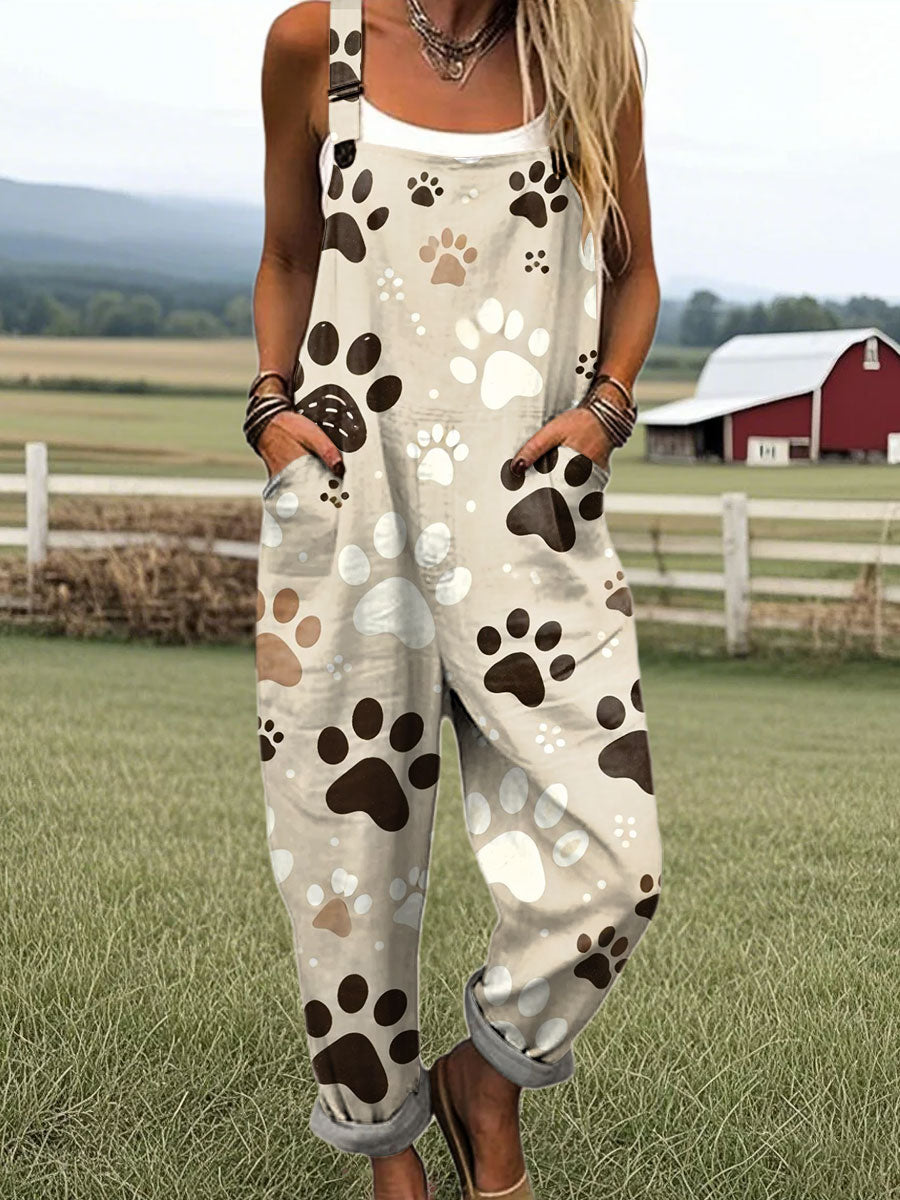 Women's Vintage Dog Paw Print Art Print Casual 100% Cotton Wide Leg Jumpsuit