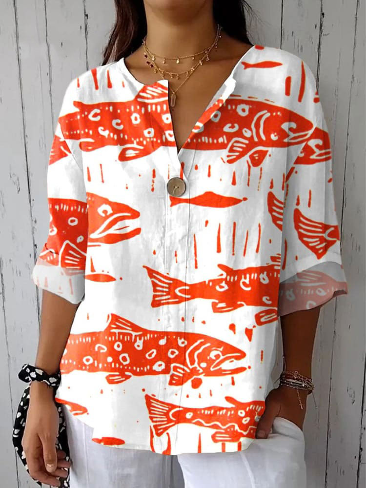 Women's  Fish  Art Print Casual Cotton Linen Shirt