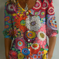 Women's Floral Art Print Casual Stylish Cotton Linen Shirt