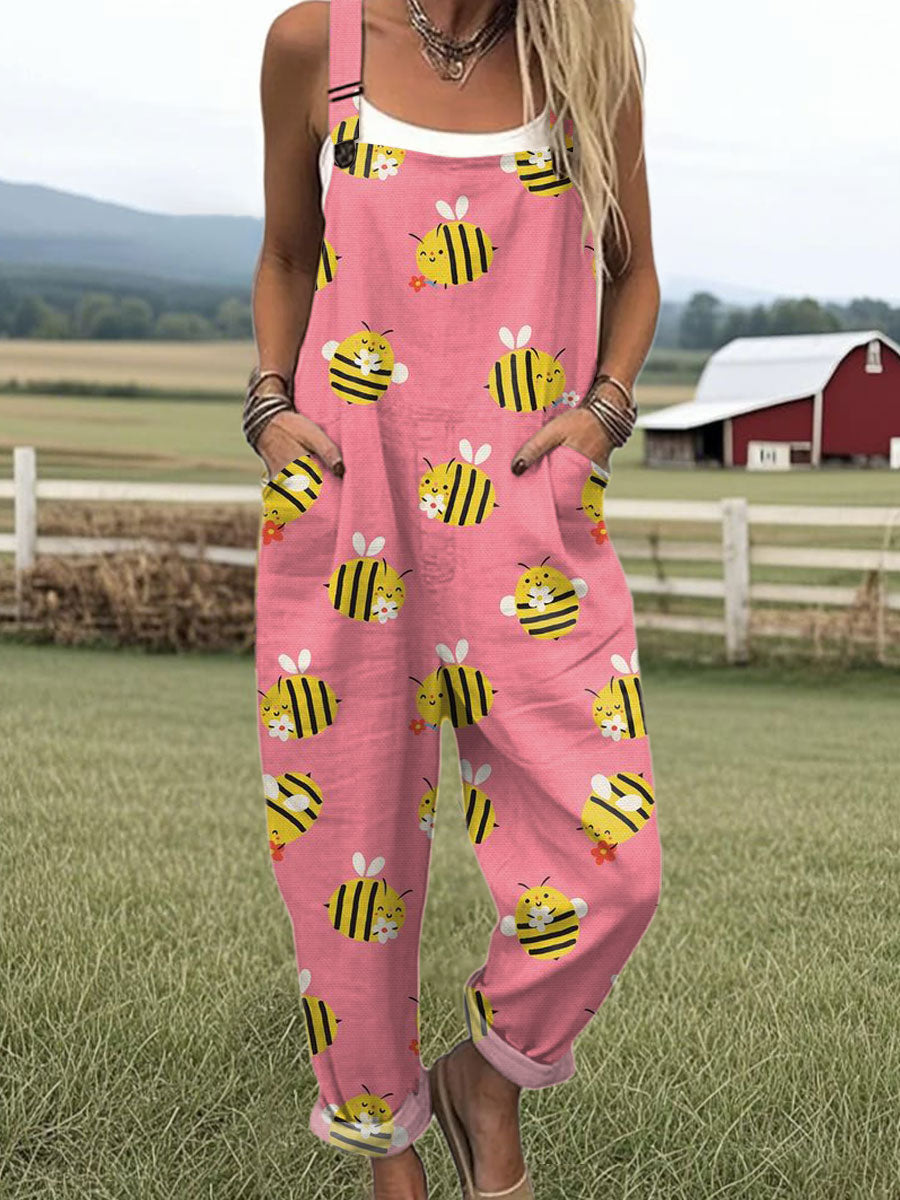 Women's  Funny Bee Art Print Casual 100% Cotton Wide Leg Jumpsuit