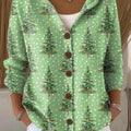 Women's Beautiful Winter Christmas Tree Painting Art Print Casual Hooded Button Sweater
