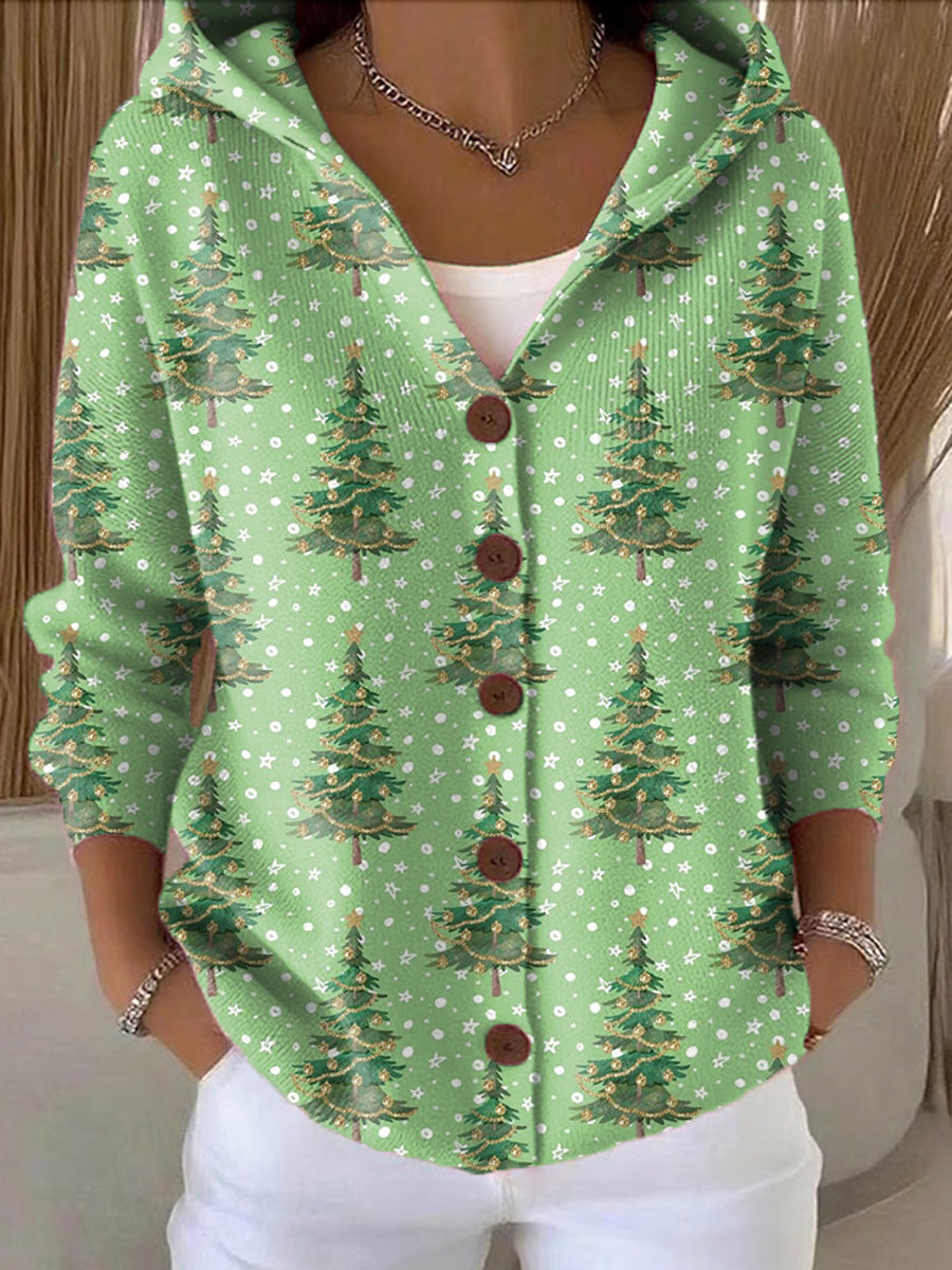 Women's Beautiful Winter Christmas Tree Painting Art Print Casual Hooded Button Sweater