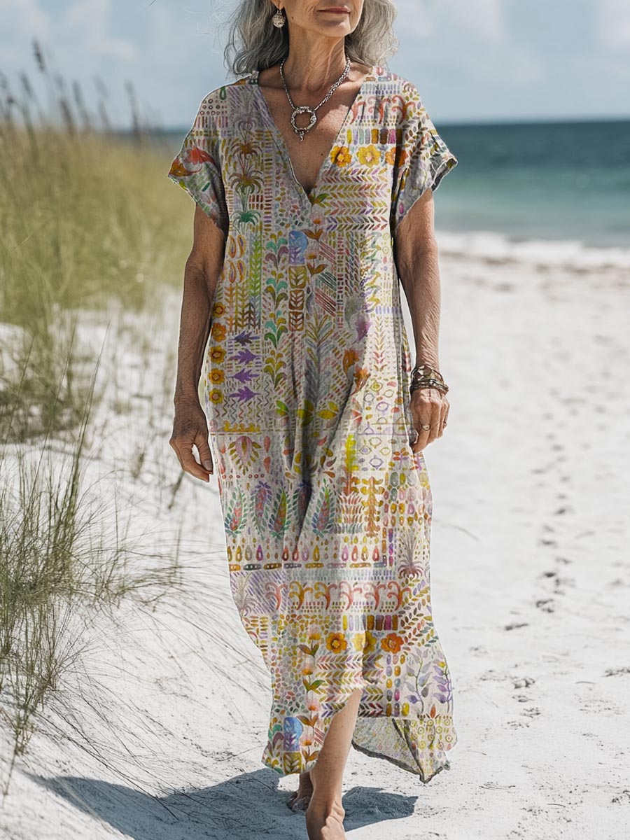 Women's Vintage Lovely Floral Art Print Cotton Dress