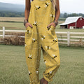 Women's Flying Bees Embroidery Pattern Casual Cotton Wide Leg Jumpsuit