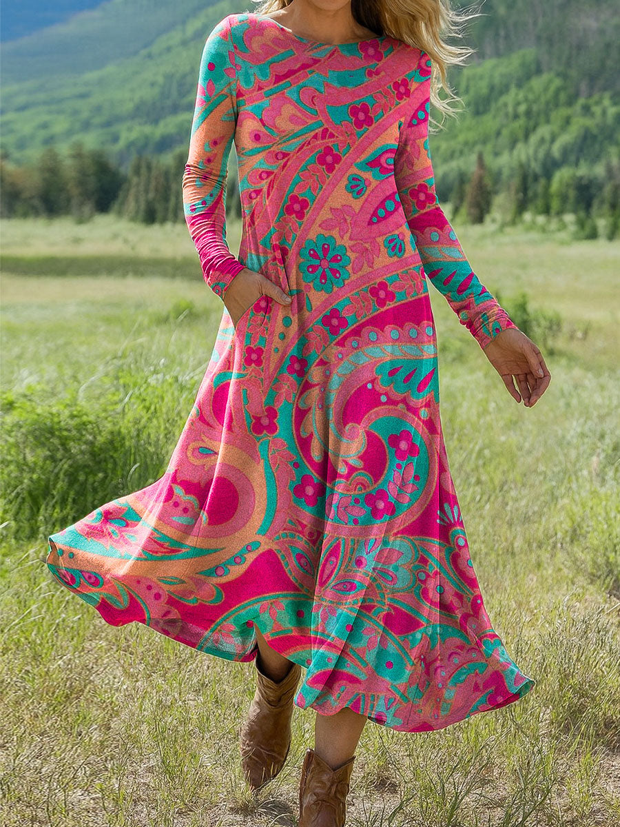 Women's Vintage Flower Art Print Long-sleeved Dress