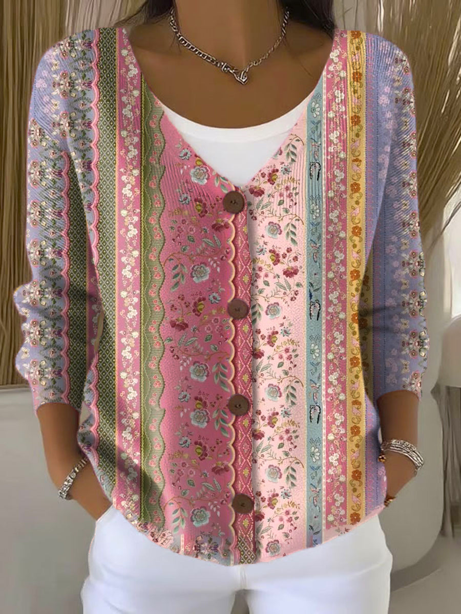 Vintage Flower Art Print Buttoned V-neck Cardigan Sweater