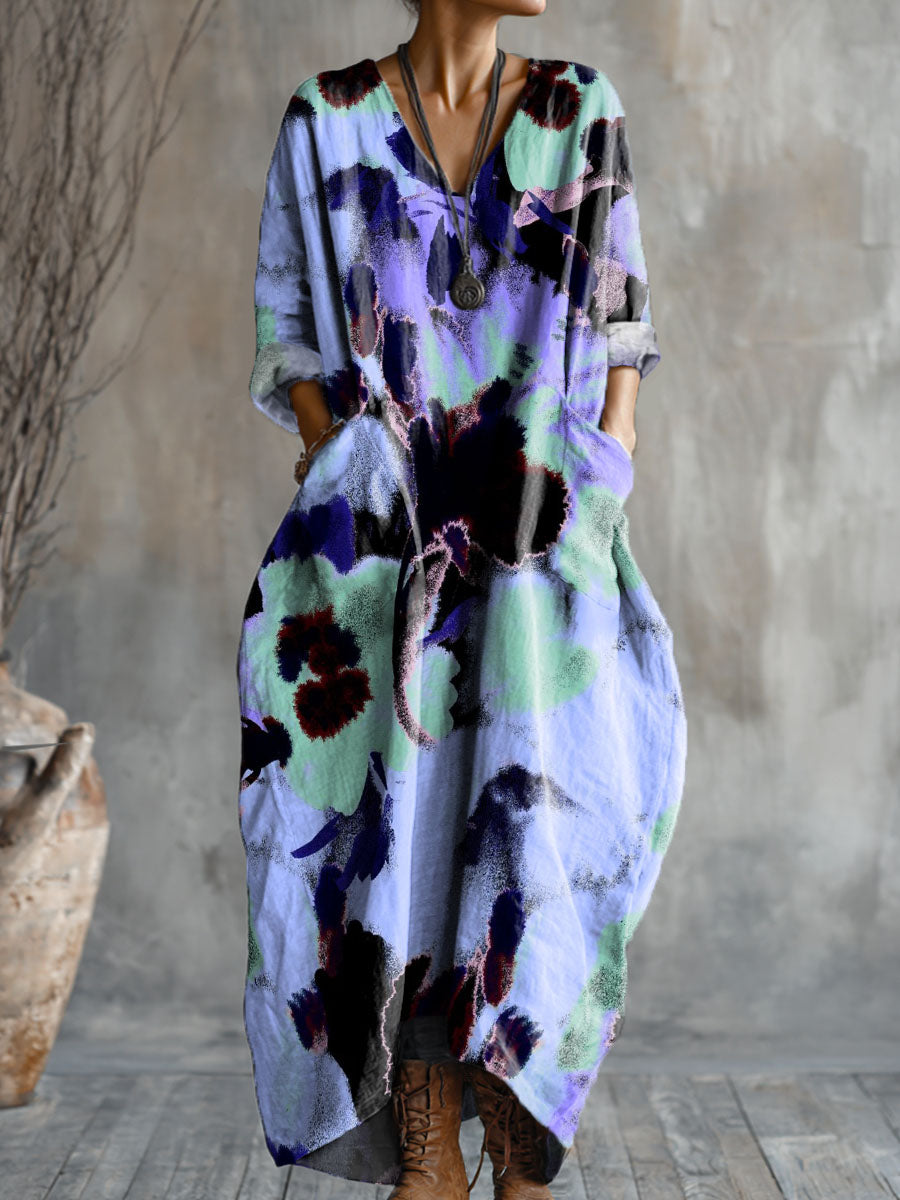 Women's Unreal Flower Art Pattern Print Pocket V-neck Cotton Dress