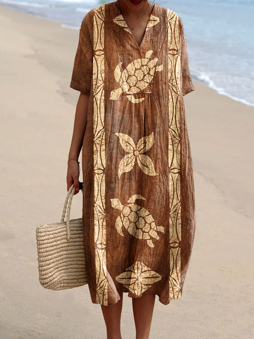 Women's Vintage Ocean Turtle Art Print Flowy Dress