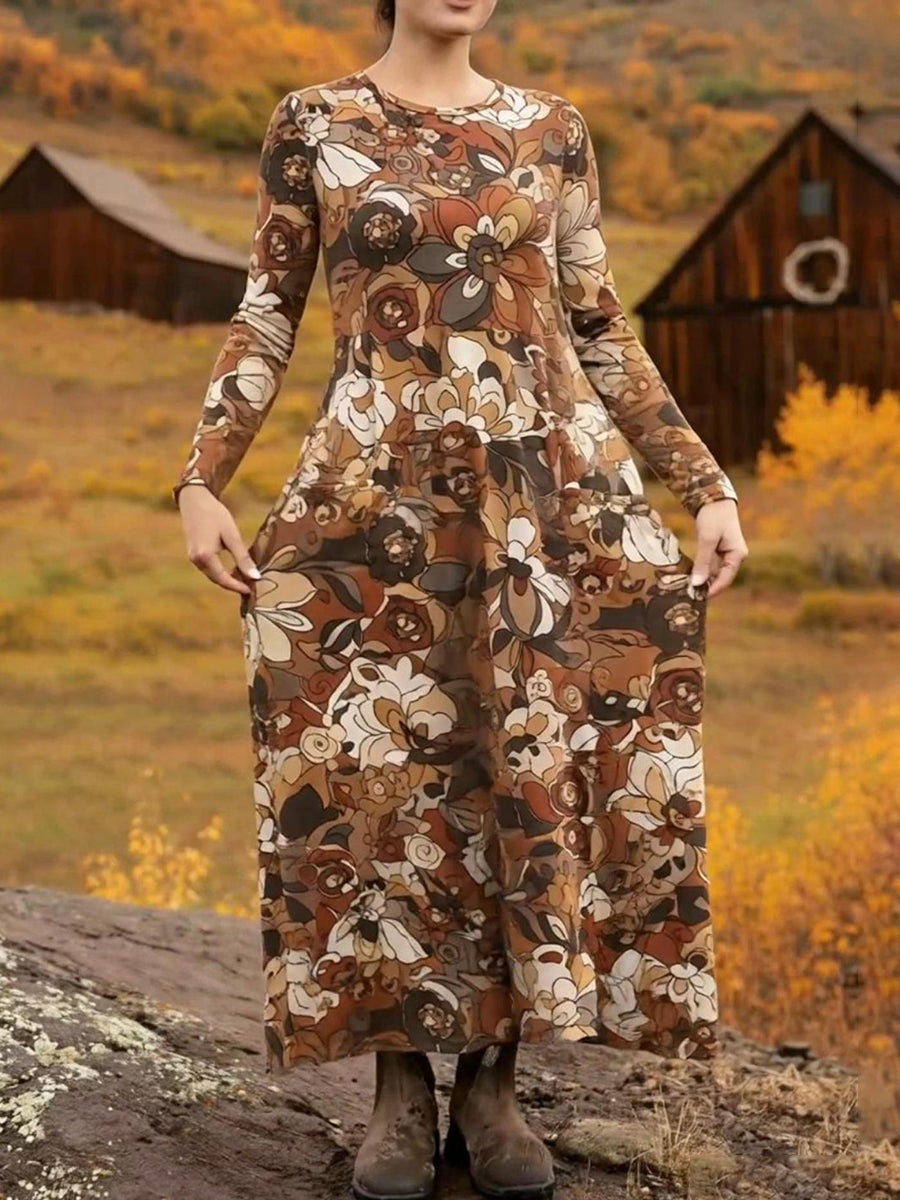 Women's Retro Flower Pocket Stretch Dress Mocha