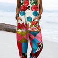 Women's Vintage Abstract Geometric Flower Art Print Casual 100% Cotton Wide Leg Jumpsuit