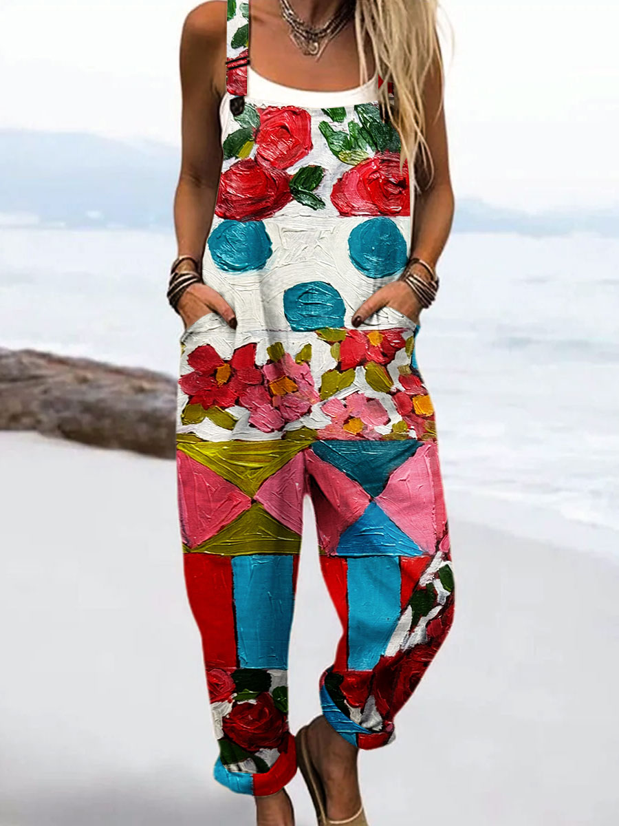 Women's Vintage Abstract Geometric Flower Art Print Casual 100% Cotton Wide Leg Jumpsuit