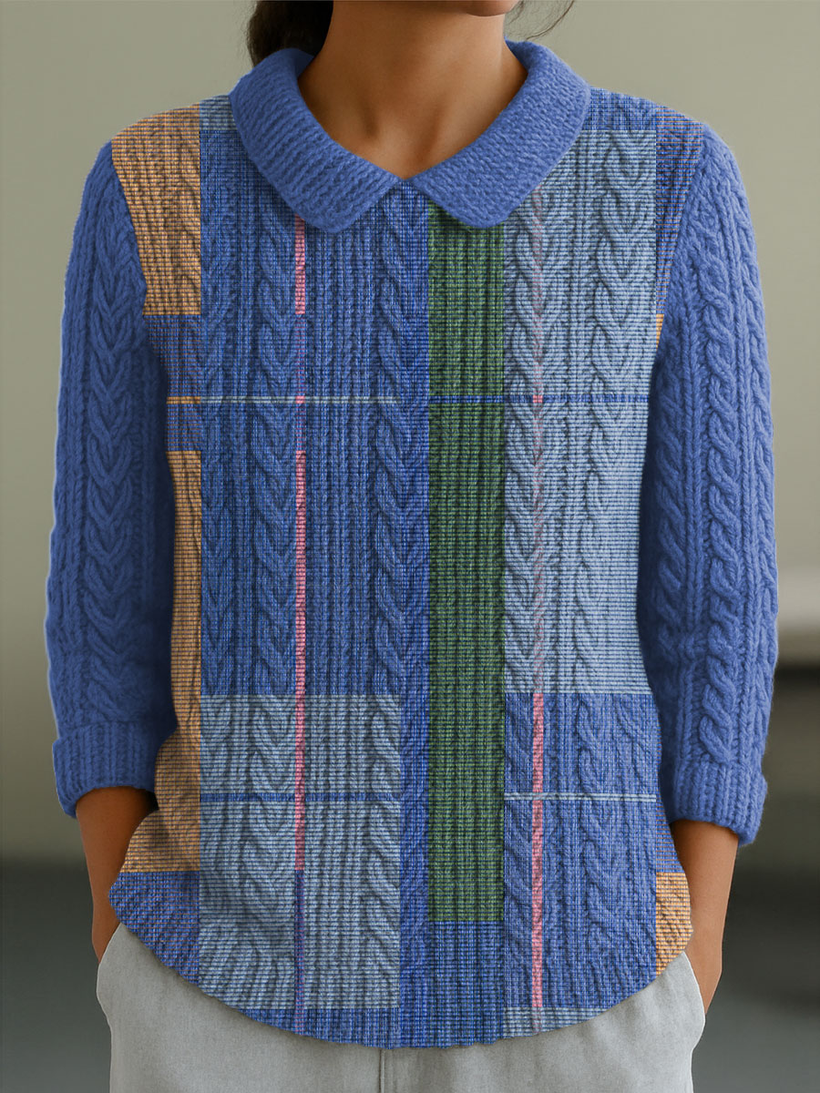 womens-warm-yellow-accents-of-pink-and-green-casual-peter-pan-collar-3-4-sleeve-sweater