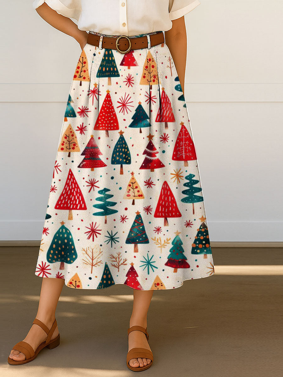 Women's Vintage Christmas Art Print Cotton Skirt