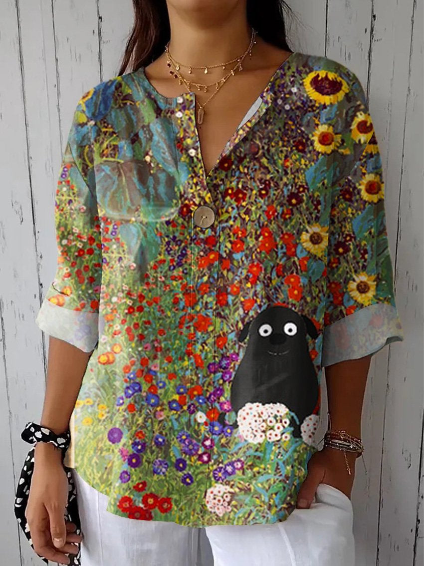 Women's Dog Art Print  Casual Cotton Linen Shirt