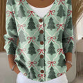 Christmas Tree Bow Tie Print Buttoned V-neck Cardigan Sweater