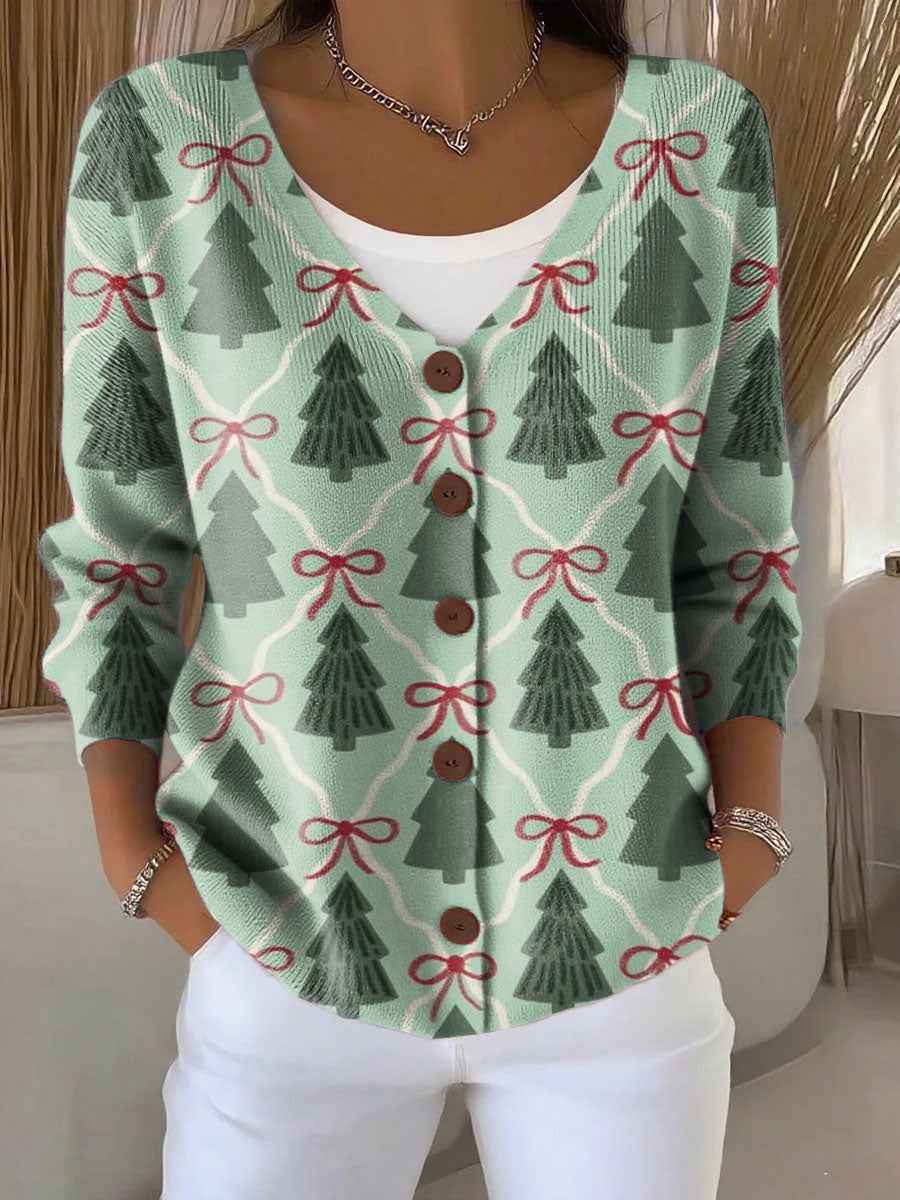 Christmas Tree Bow Tie Print Buttoned V-neck Cardigan Sweater