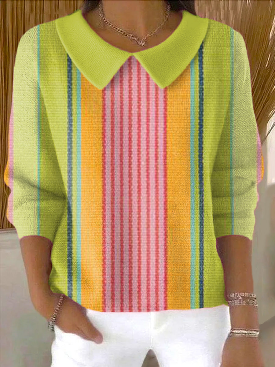 womens-colorful-stripe-painting-art-print-casual-peter-pan-collar-3-4-sleeve-sweater-n12h
