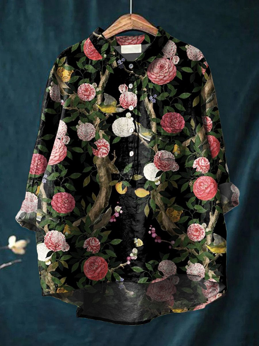 Women's  Flower Art Print Casual Cotton And Linen Shirt