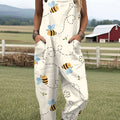 Women's Vintage Funny Bee Art Print Casual 100% Cotton Wide Leg Jumpsuit