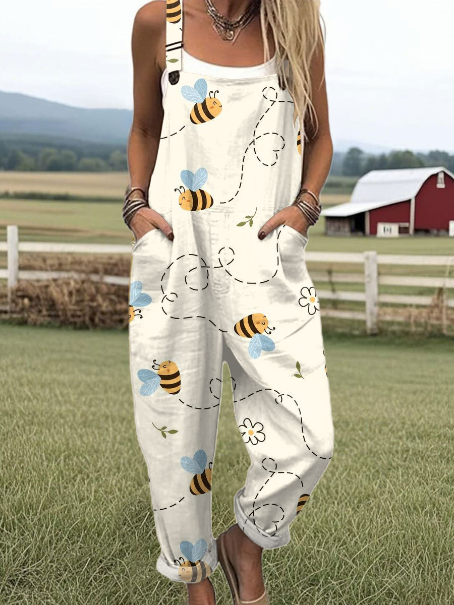 Women's Vintage Funny Bee Art Print Casual 100% Cotton Wide Leg Jumpsuit