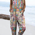 Women's Vintage Geometric Pattern Art Print Casual 100% Cotton Wide Leg Jumpsuit