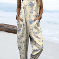 Women's Vintage Floral Art Print Casual 100% Cotton Wide Leg Jumpsuit