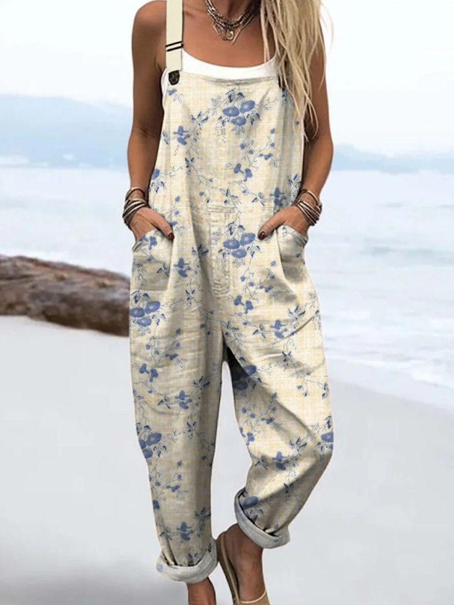 Women's Vintage Floral Art Print Casual 100% Cotton Wide Leg Jumpsuit