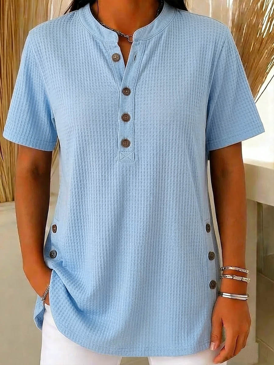 Women's V-Neck Short-Sleeve Casual Loose Waffle-Knit Cotton Top