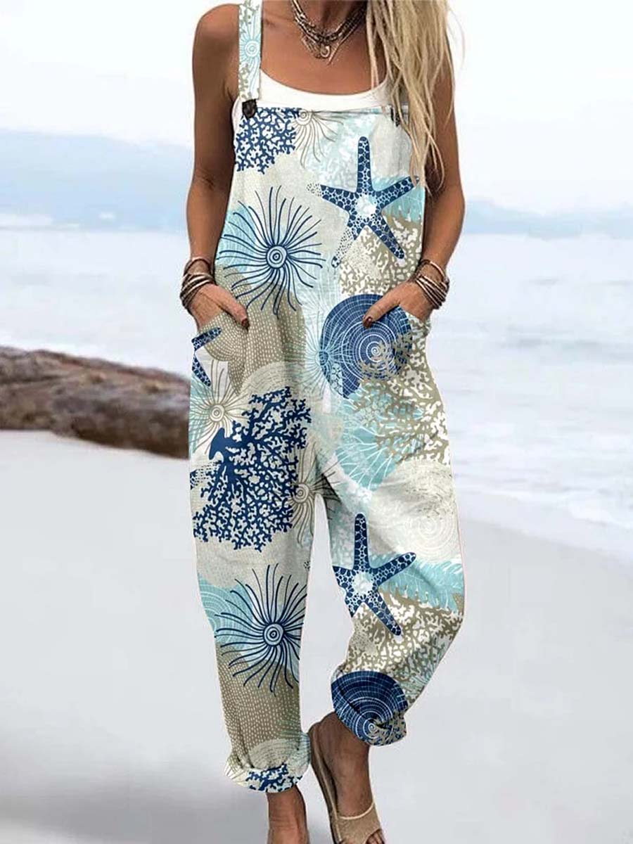 Women's Underwater World Pattern Art Print Casual 100% Cotton Wide Leg Jumpsuit