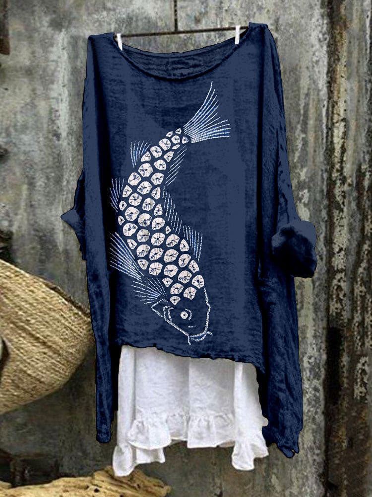 Japanese Tie Dye Koi Linen Blend Flowy Tunic