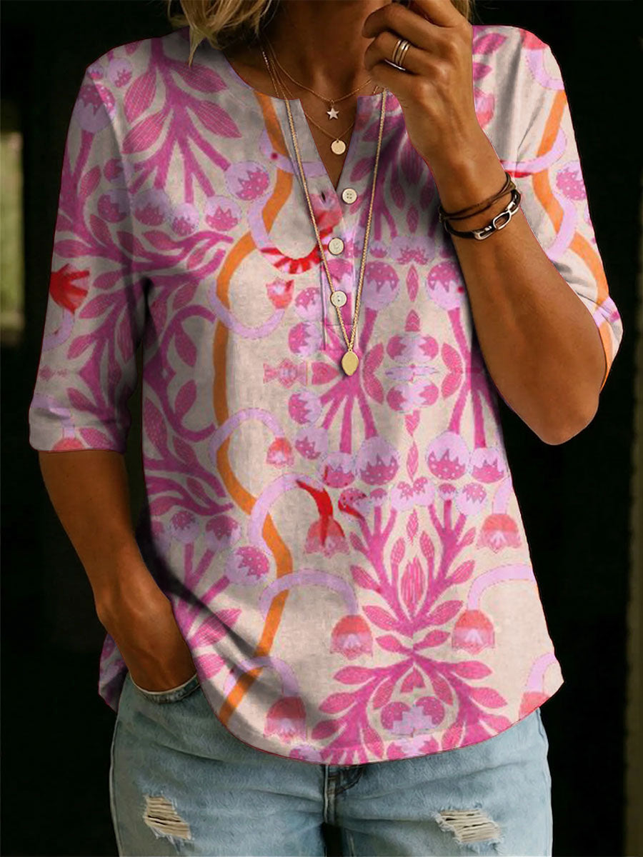 Women's Floral Pattern Art Casual Classic Henley Collar 100% Cotton T-shirt