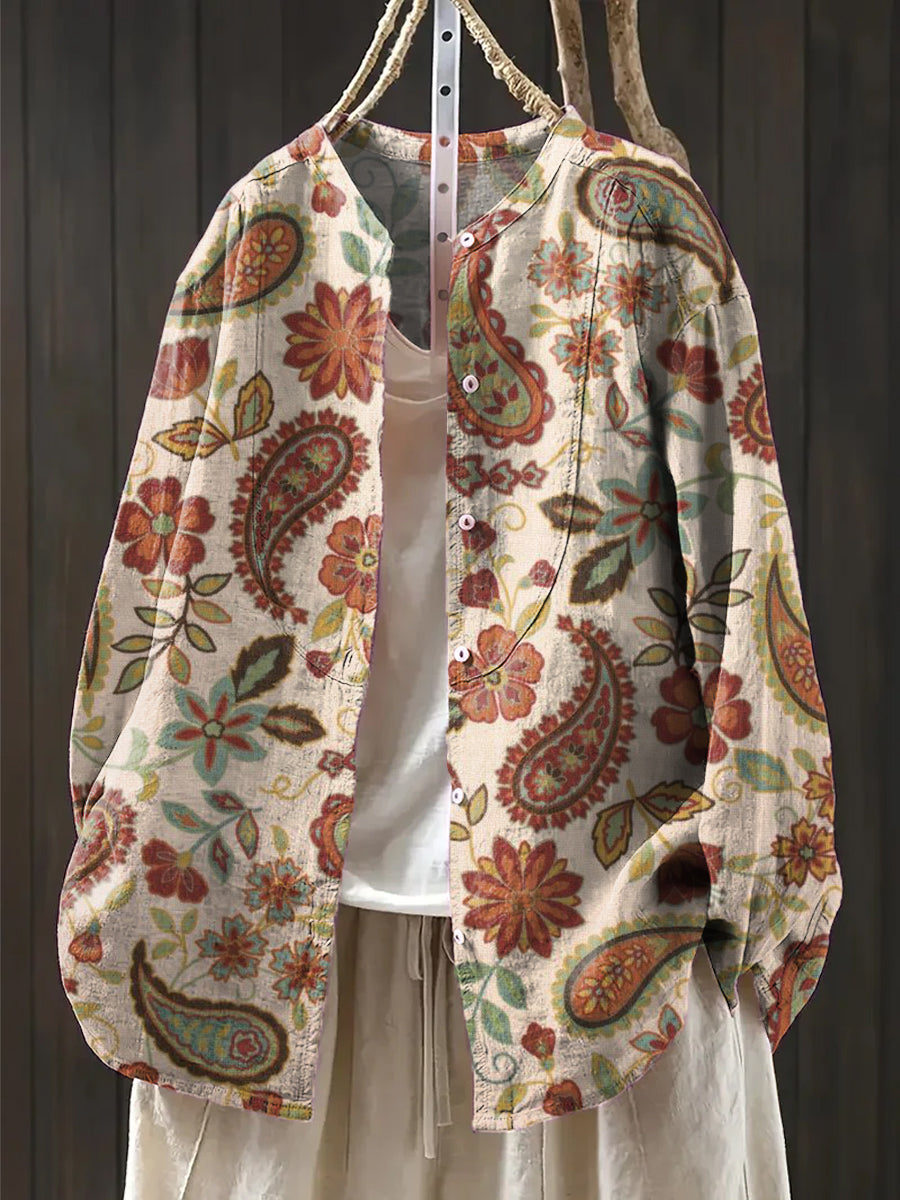 Women's Ethnic Paisley Floral Painting Art Print Casual Cotton And Linen Shirt