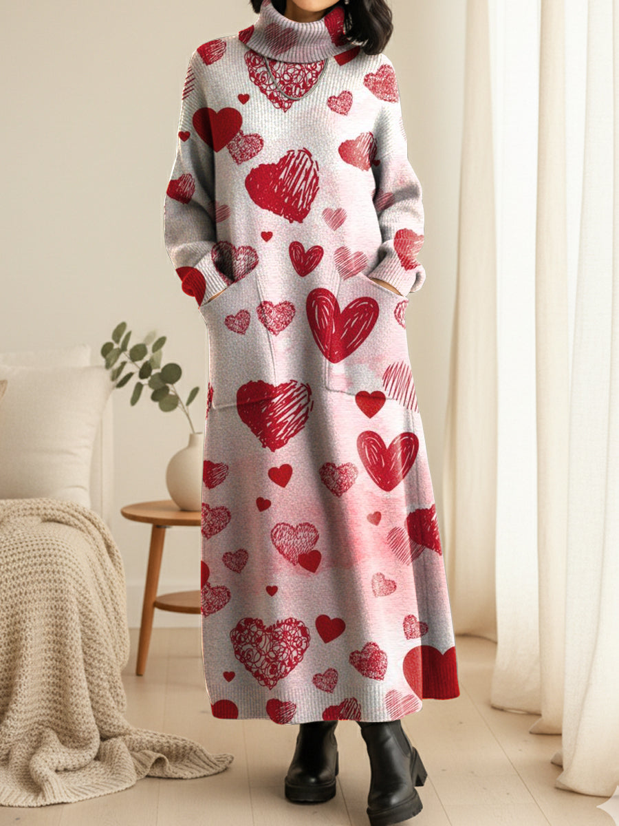 Women's Heart-shaped Print Valentine's Day Casual Cotton Knitted Dress