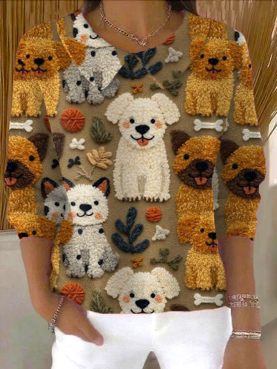 womens-funny-furry-dog-art-print-casual-peter-pan-collar-3-4-sleeve-sweater-brb4