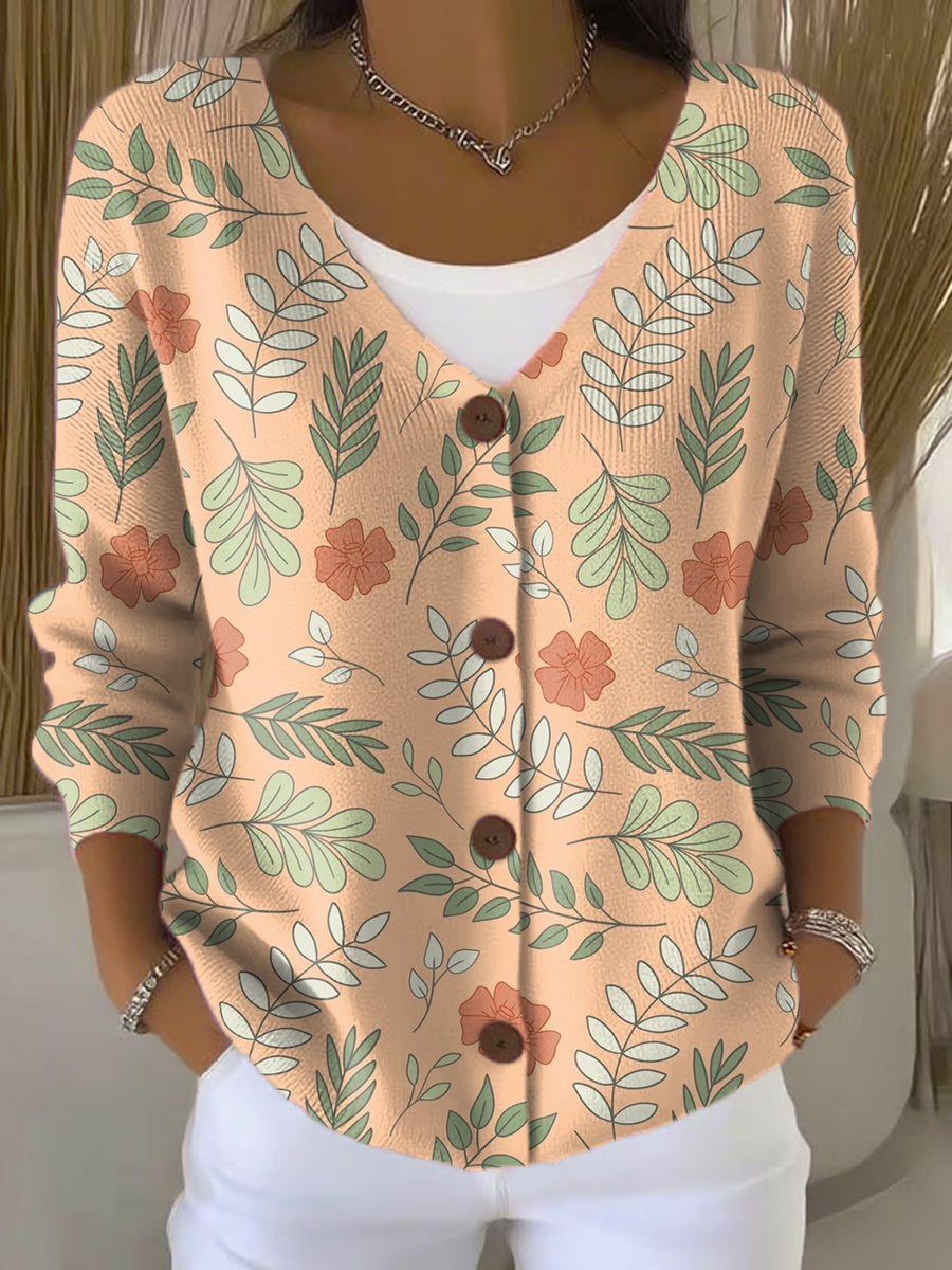 Grass And Flowers Print Buttoned V-neck Cardigan Sweater