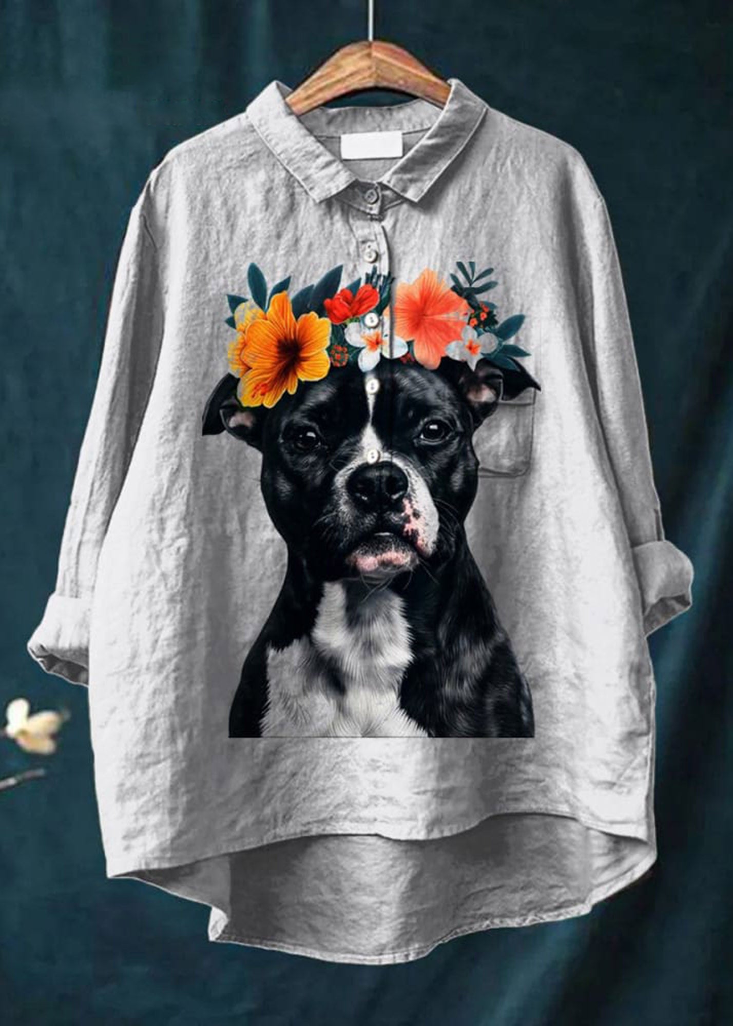 Women's Dog  Art Print Casual Cotton And Linen Shirt